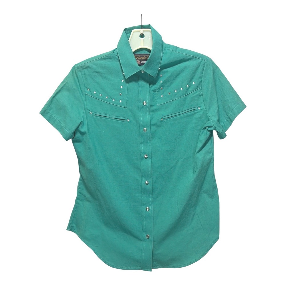 Panhandle Slim Womens Teal Western Shirt Rhinestone Pearl Snap Short Sleeve 8